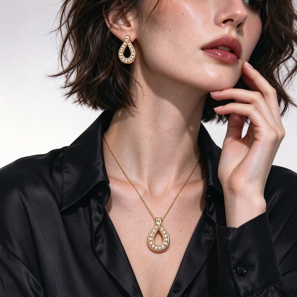 Teardrop Hollow CZ Jewelry Set (Necklace & Earrings)