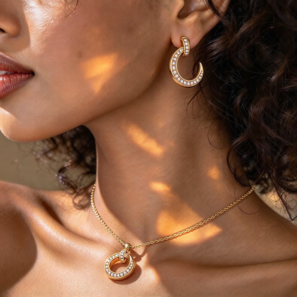 C-Shape Moon CZ Jewelry Set (Necklace & Earrings)